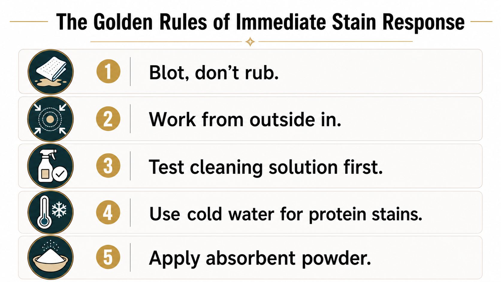 A helpful infographic titled The Golden Rules of Immediate Stain Response, listing five essential carpet cleaning steps.