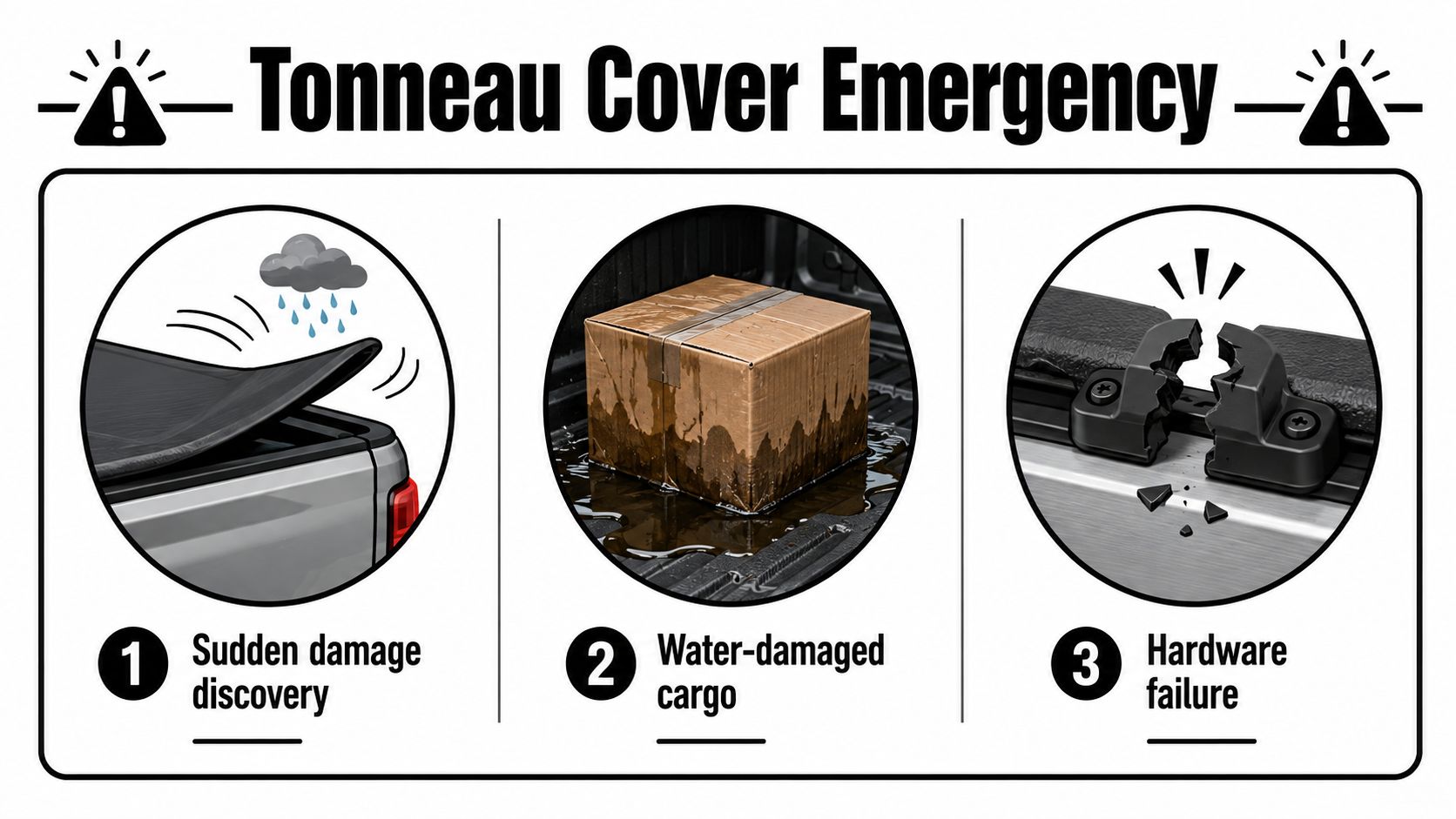 A graphic depicting three common tonneau cover emergencies: weather damage, water-damaged cargo, and broken truck bed hardware.