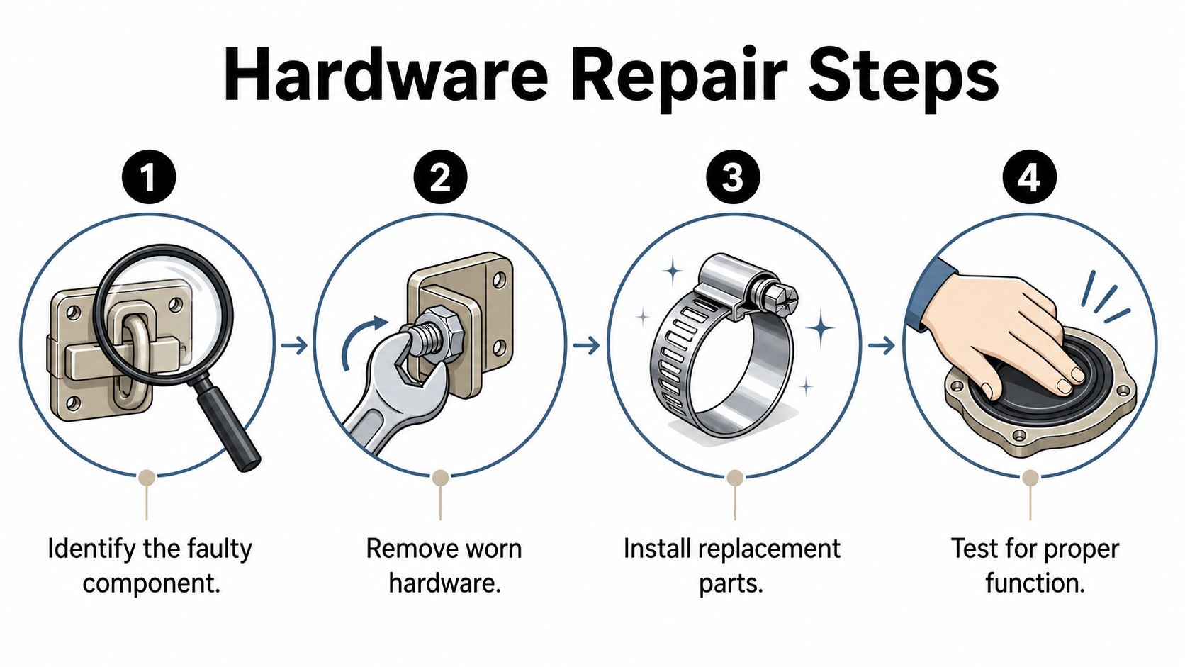 A four-step infographic illustrating the process of repairing hardware, including identification, removal, replacement, and testing.