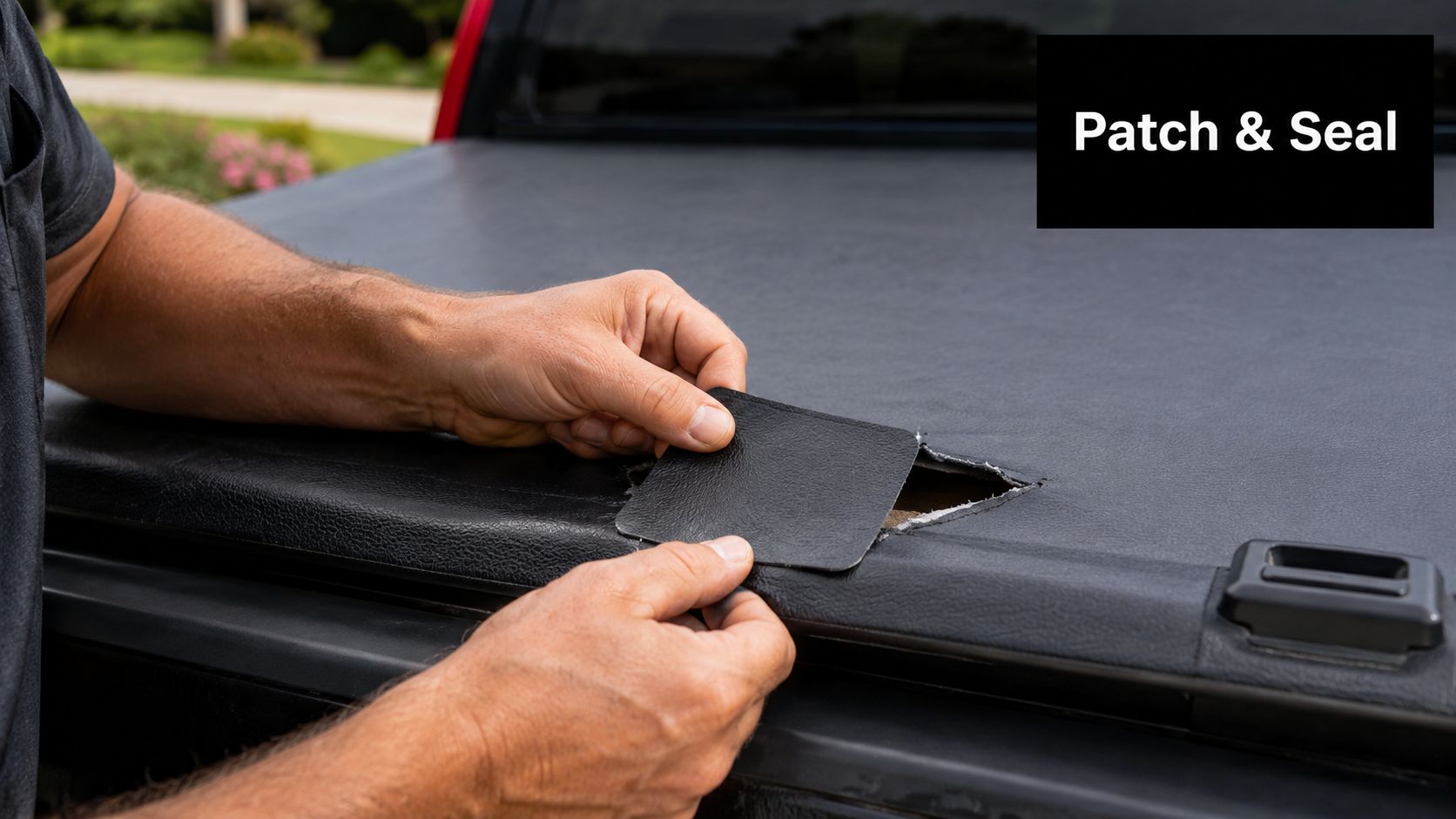 A person applying a black adhesive patch to repair a tear on a vehicle's vinyl tonneau cover.