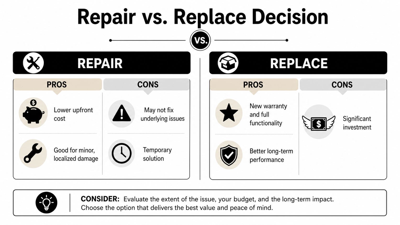 A comparison chart outlining the pros and cons of choosing to repair versus replace equipment or items.