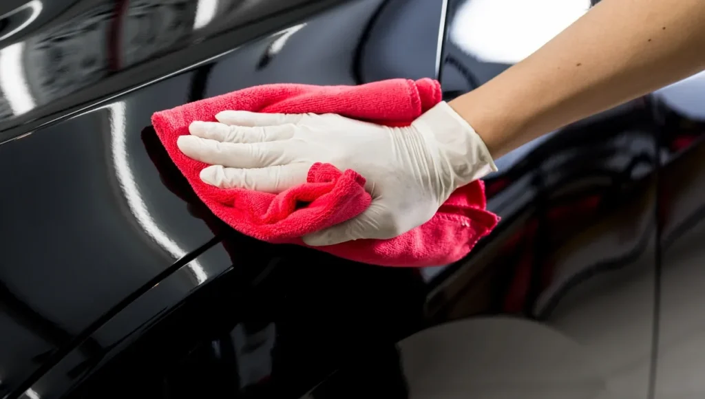 Hand polishing a black car's paint.
